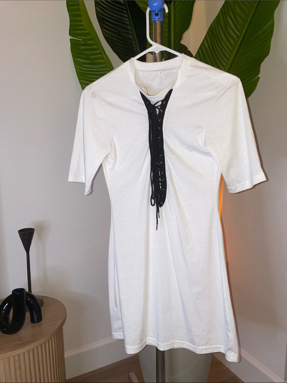 White Short-Sleeve Lace-Up Front Dress